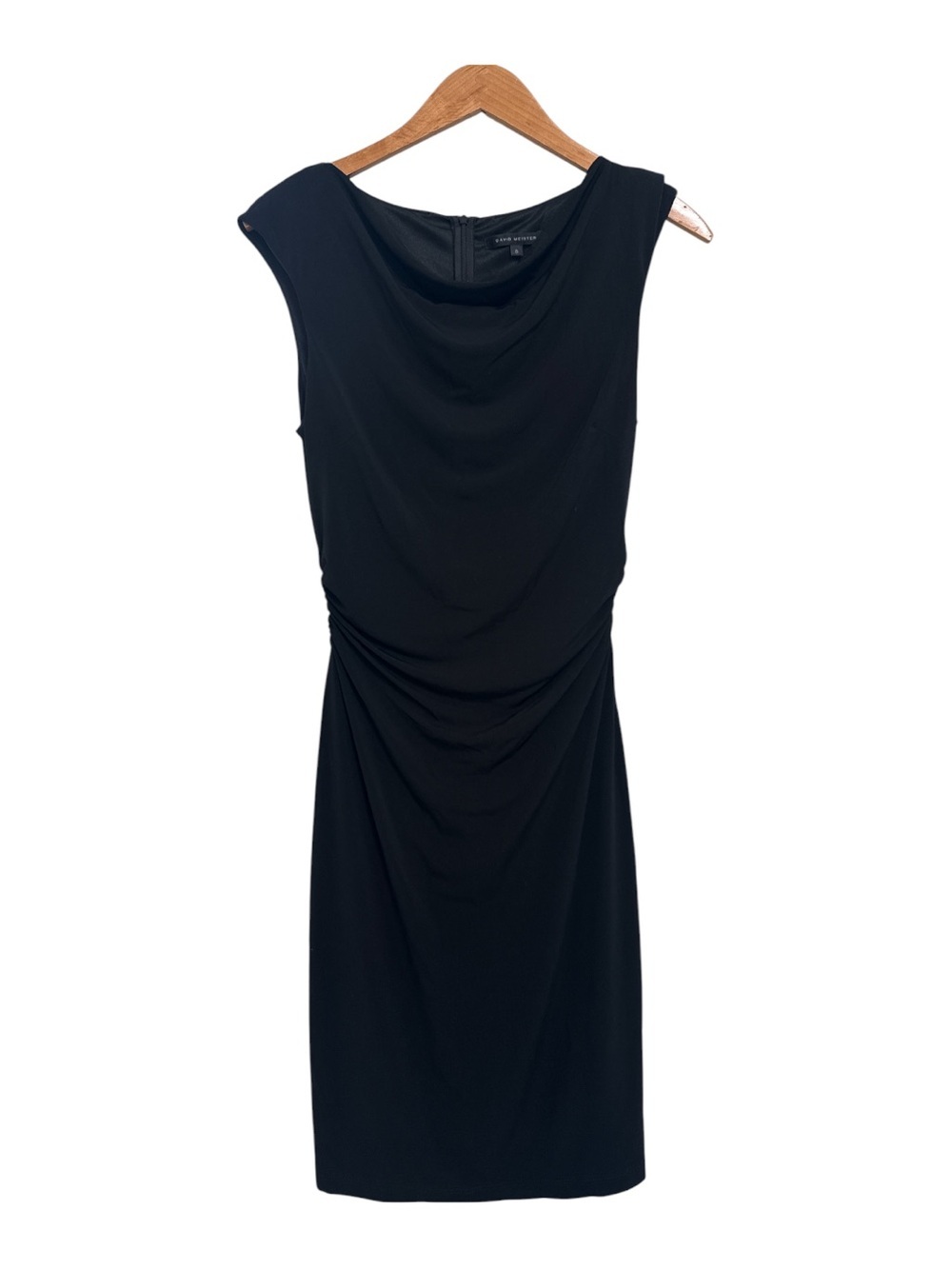 DAVID MEISTER Cowl Neck Sheath RUCHED JERSEY DRESS Size 8 BLACK